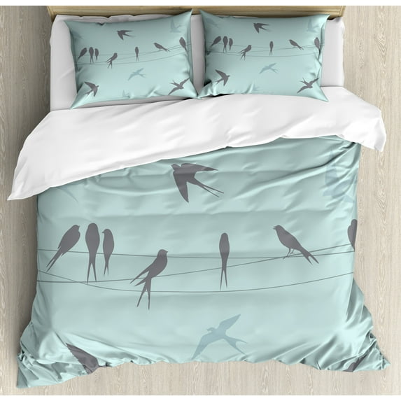 Bird on a Wire Duvet Cover Set, Freedom Themed Pattern with Flying Swallows, Decorative 3 Piece Bedding Set with 2 Pillow Shams, King Size, Blue Grey Multicolor, by Ambesonne