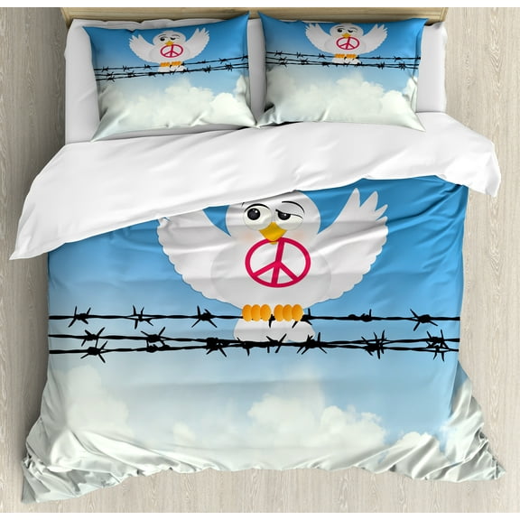 Bird on a Wire Duvet Cover Set, Inspirational Cartoon Style Winged Animal Holding the Peace Sign, Decorative 3 Piece Bedding Set with 2 Pillow Shams, Queen Size, Sky Blue Dark Coral, by Ambesonne
