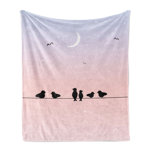 Bird on a Wire Soft Flannel Fleece Throw Blanket, Silhouettes of Moon in a Pastel Tone Ombre Effect Twilight, Cozy Plush for Indoor and Outdoor Use, 50" x 70", Blush Pale Ceil Blue, by Ambesonne