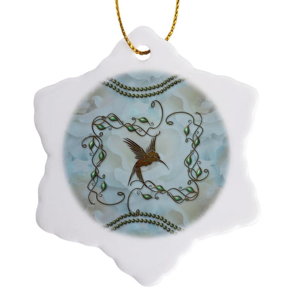 3drose, Bird with Decorative Floral Elements, 3 inch Snowflake Porcelain Ornament