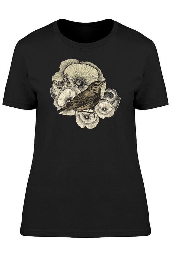 Bird With Poppy Flowers Ink Art Tee Women's -Image by Shutterstock