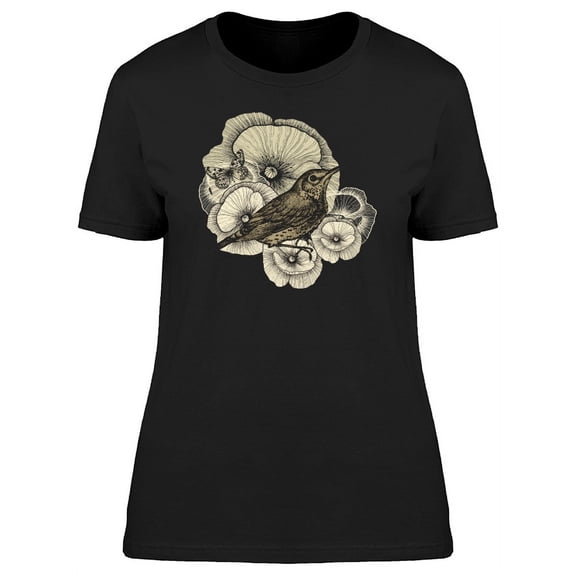 Bird With Poppy Flowers Ink Art Tee Women's -Image by Shutterstock