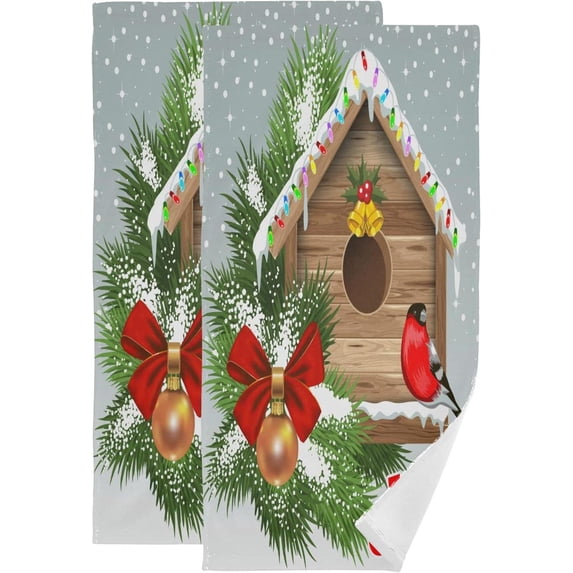 Bird Wooden Birdhouse Hand Towels 2 PCS, Christmas Greeting Kitchen Towel Ultra Soft and Highly Absorbent,Decorative Fingertip Face Towel for Bathroom Hotel, 28.3"x14.4"
