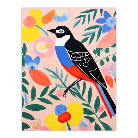 Bird and Abstract Spring Flowers Colourful Oil Painting Vibrant Floral Pattern Unframed Wall Art Print Poster Home Decor Premium