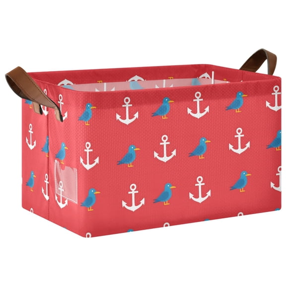 Bird and Boat Anchor Pattern Collapsible Storage Bin Open Home Shelf Basket Water-Resistant Iron Frame Large
