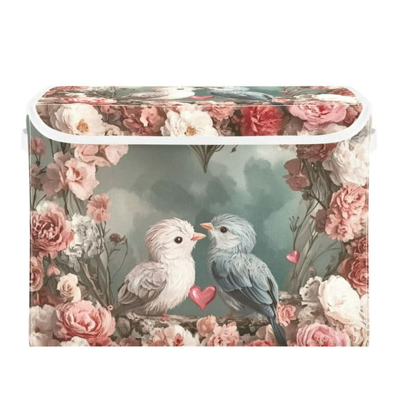 Bird and Rose Large Storage Bins with Linen Collapsible Lid Storage Box 16.7 x 12.6 x 11.8in