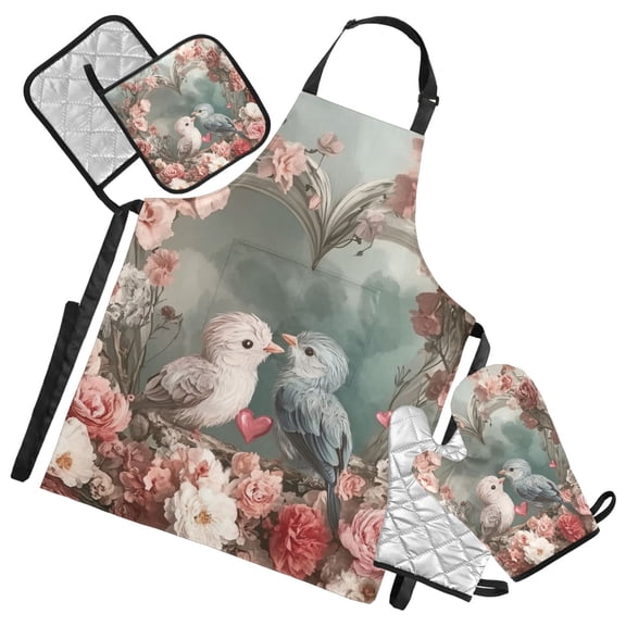 Bird and Rose Oven Mitts and Pot Holders with Chef Apron Set 5 Pcs Kitchen Cooking Set