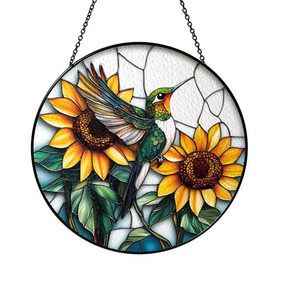 Bird and Sunflower Window Hanging – Stained Glass Style Floral Wall Decor