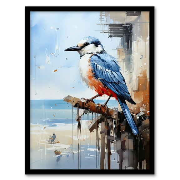 Bird by the Beach Kingfisher Portrait Oil Painting Art Print Framed Poster Wall Decor 12x16 inch