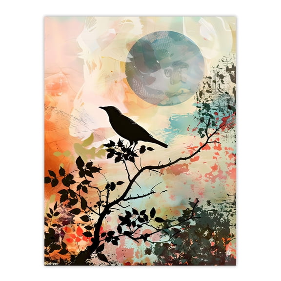 Bird in Tree Sunset Artwork Calm Peaceful Nature Living Room Large Wall Art Poster Print Thick Paper 18X24 Inch