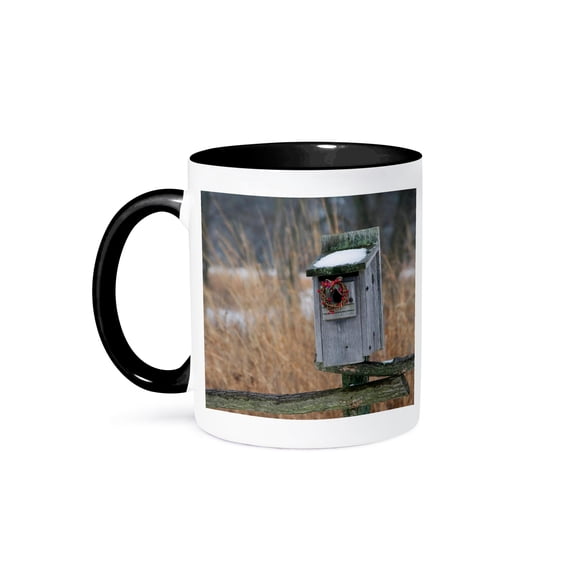 3dRose, Bird, nest box with holiday wreath in winter, Marion, Illinois, USA., 15oz Two-Tone Black Mug