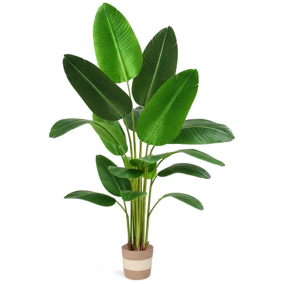 Bird of Paradise Artificial Plant, 6 ft Tall Faux Banana Leaf Tree with 18-Blade Fan and Woven Planter, Indoor Outdoor Home Decor