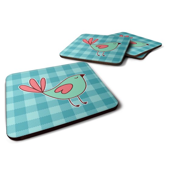 Bird on Blue Plaid Foam Coaster Set of 4