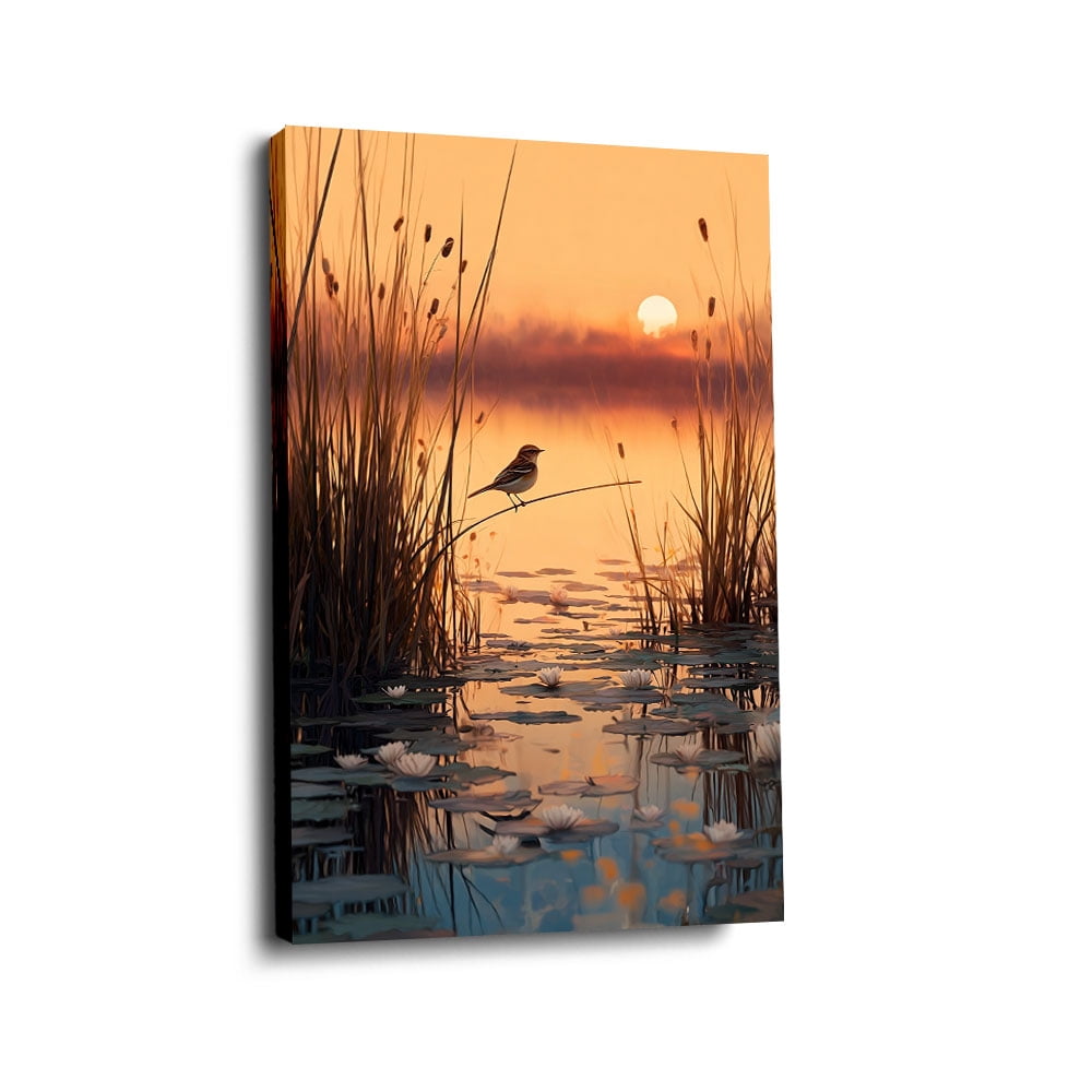 “Bird on Reed with Lily Pads” Luminous Canvas Wall Art Ready to Hang ...