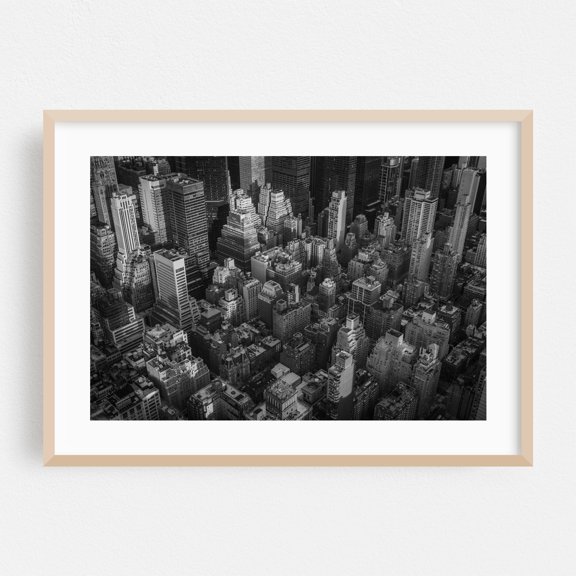 Bird's Eye Midtown 02 B&W - Manhattan New York Photography Oak Framed Wall Art Print 24 x 36 inches