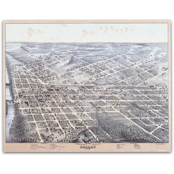 Birds Eye View of Dallas Texas 1872 Vintage Aerial City Map Historic Downtown Streets Architecture Western Wall Art for Home Office Study Library Decor 11x14 Framed Poster Ready to Hang