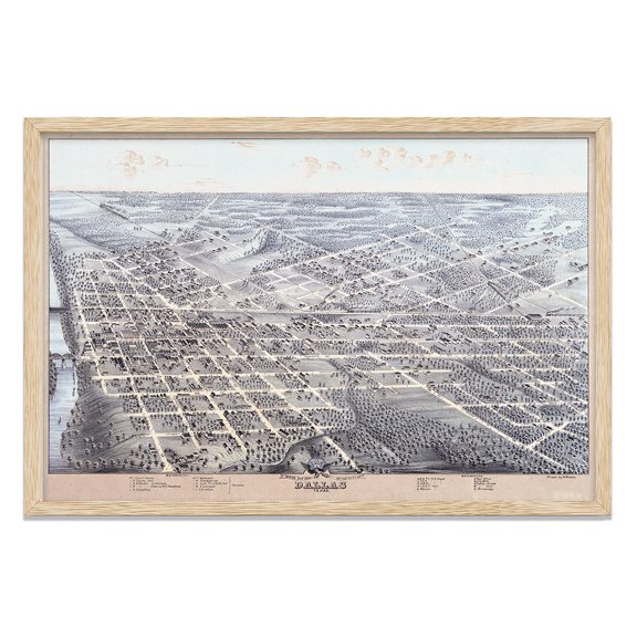 Birds Eye View of Dallas Texas 1872 Vintage Aerial City Map Historic Downtown Streets Architecture Western Wall Art for Home Office Study Library Decor 24x36 Framed Poster Ready to Hang