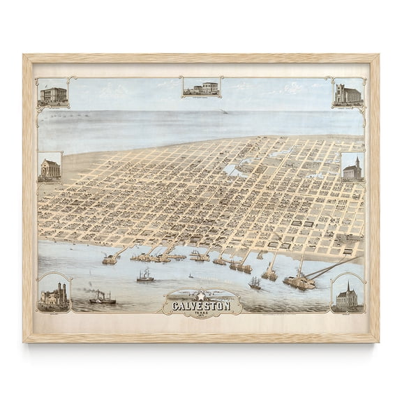 Bird's Eye View of Galveston Texas 1871 Vintage Coastal City Map Historic Harbor Port Nautical Gulf Coast Maritime Wall Art Office Study Living Room Interior Decor 16x20 Framed Poster Ready to Hang