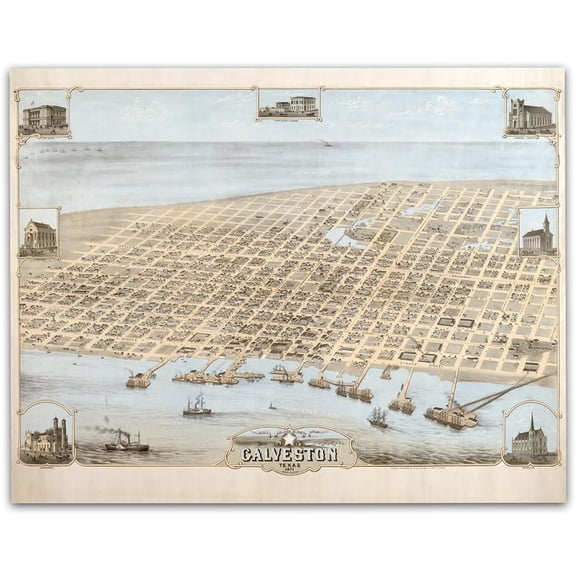 Bird's Eye View of Galveston Texas 1871 Vintage Coastal City Map Historic Harbor Port Nautical Gulf Coast Maritime Wall Art Office Study Living Room Interior Decor 24x36 Framed Poster Ready to Hang