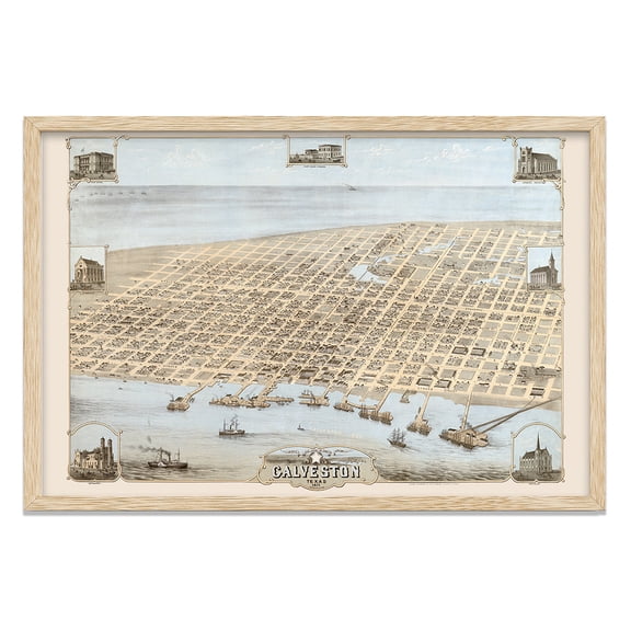 Bird's Eye View of Galveston Texas 1871 Vintage Coastal City Map Historic Harbor Port Nautical Gulf Coast Maritime Wall Art Office Study Living Room Interior Decor 24x36 Framed Poster Ready to Hang