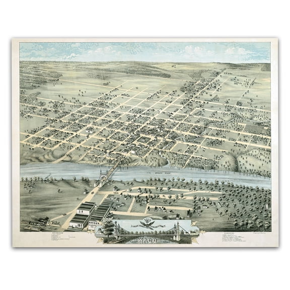 Birds Eye View of Waco Texas 1873 Vintage City Map Historic Brazos River Bridge Town Aerial Illustration Western Wall Art Texas Decor Home Office Library Study Interior Display 11x14 Unframed Poster