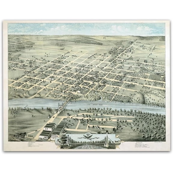 Birds Eye View Waco Texas 1873 Vintage City Map Historic Brazos River Bridge Town Aerial Illustration Western Wall Art Texas Decor Home Office Living Room Study 18x24 Stretched Canvas Ready to Hang