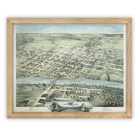 Birds Eye View of Waco Texas 1873 Vintage City Map Historic Brazos River Bridge Town Aerial Illustration Western Wall Art Texas Office Decor Study Library Interior 11x14 Framed Poster Ready to Hang
