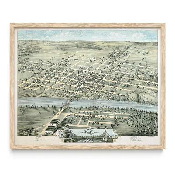 Birds Eye View of Waco Texas 1873 Vintage City Map Historic Brazos River Bridge Town Aerial Illustration Western Wall Art Texas Office Decor Study Library Interior 16x20 Framed Poster Ready to Hang