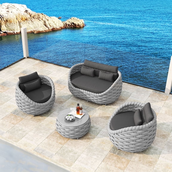 Bird's Nest 4-Piece  Gray Aluminum  Polyester Woven Outdoor Sectional Seating Set with Gray Cushions
