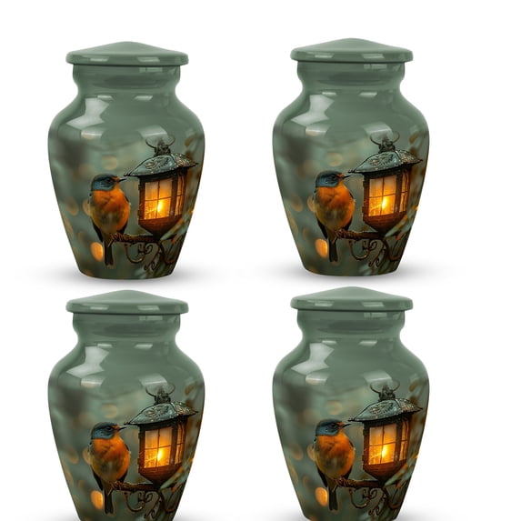 A Bird's Tranquil Vigil by the Lantern's Light - Classic Tiny Urn for Adult Human Ashes - Petite Memorial Keepsake for Elegance - Classic Urn - Memorial Gifts - 3 Inch, Set Of 4