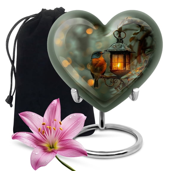 A Bird's Tranquil Vigil by the Lantern's Light - Heart Shaped Urn - Grand Large Outdoor Urn for Human Ashes - Elegant Durable Urns - Heart Urn - Memorial Gifts - 8 Inch