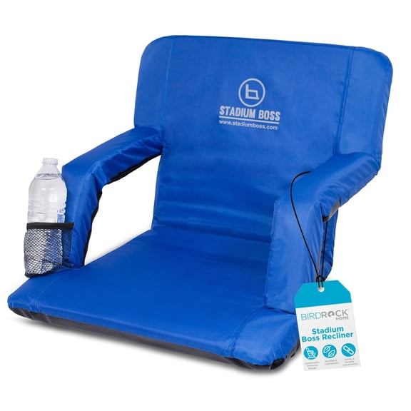 BirdRock Brands Stadium Boss Recliner Stadium Seat for Bleachers, Benches, Lawns, Backyard, Camping & Beach - 6 Reclining Positions - Blue