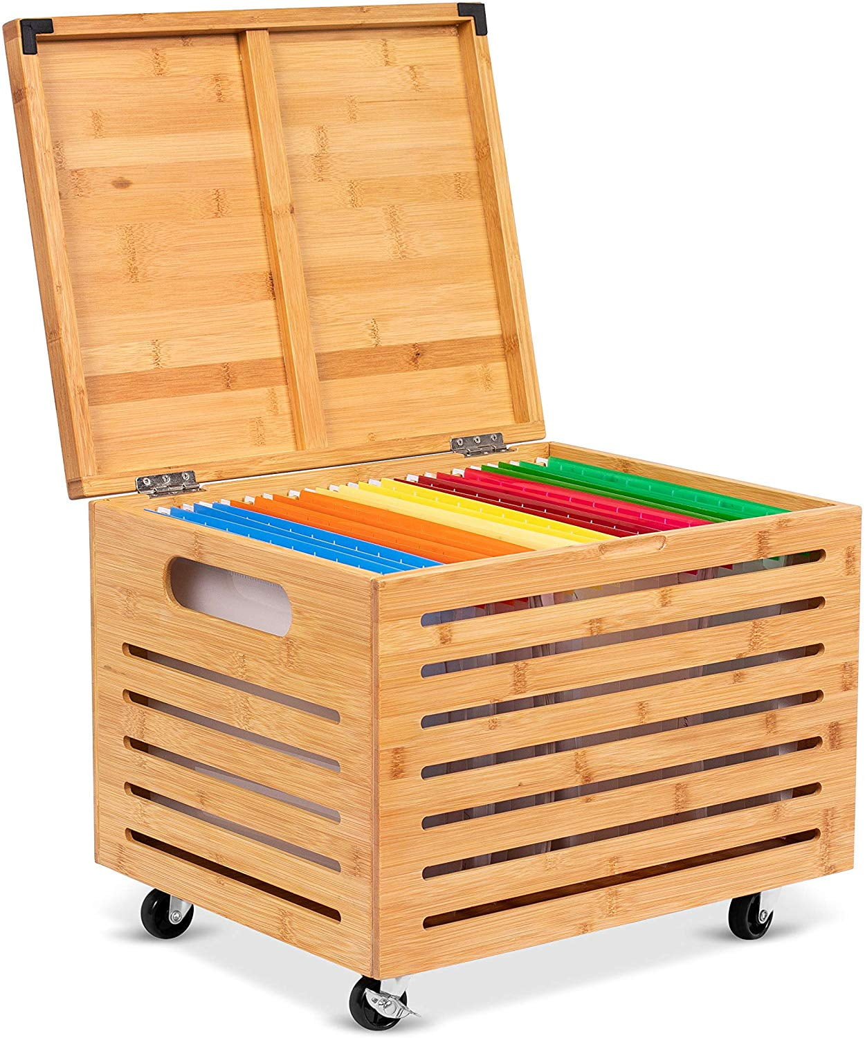 Natural Bamboo Rolling File Storage Organizer with Lid