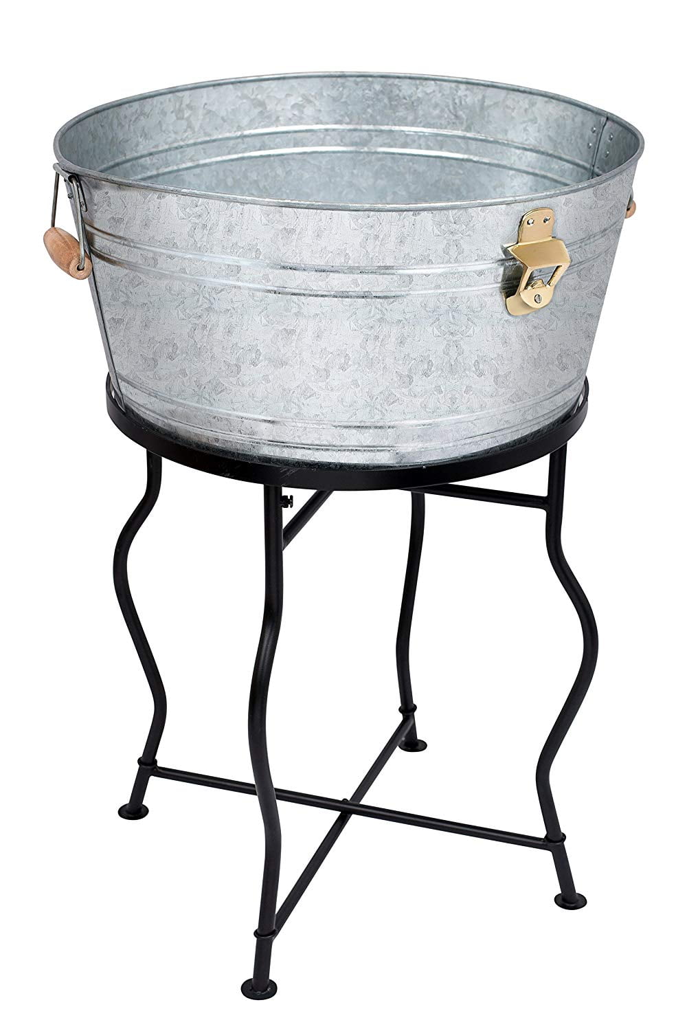 Silver Galvanized Beverage Tub with Stand and Wooden Handles
