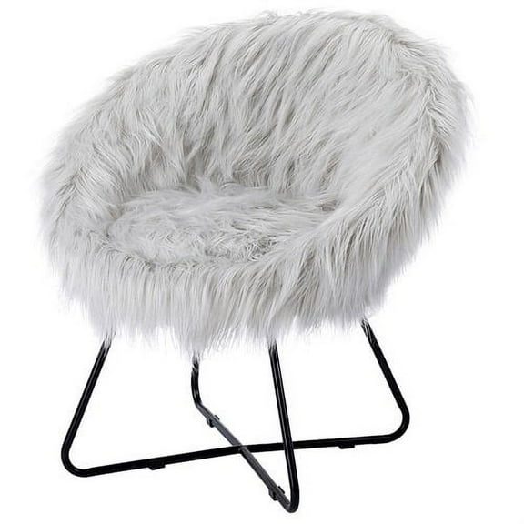 BirdRock Home Grey Faux Fur Papasan Chair with Black Legs - Kids Bedroom Moon Chair - Comfy Wide Cushion Seat - Living Room Saucer - Metal - Fluffy Round Seat - Circle