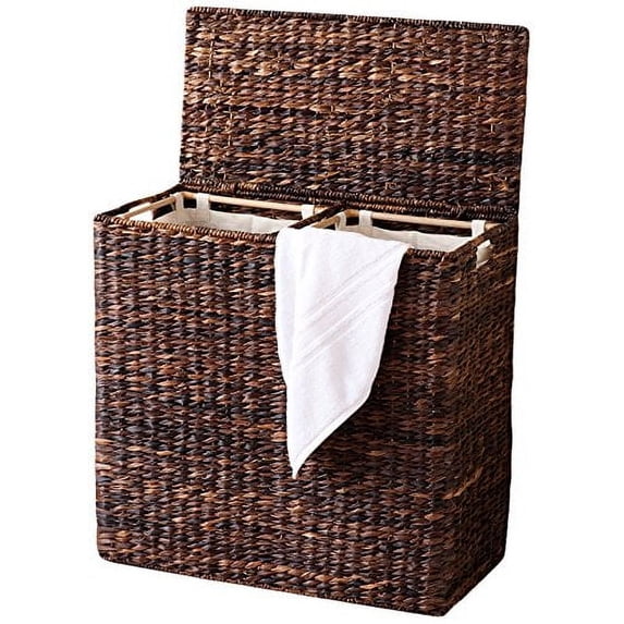 BirdRock Home Oversized Divided Hamper with Liners (Espresso) | Made of Natural Woven Abaca Fiber | Organize Laundry | Cut-Out Handles for Easy Transport | Includes 2 Machine Washable Canvas Liners
