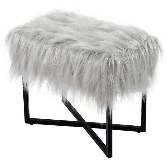 BirdRock Home Rectangular Grey Faux Fur Foot Stool Ottoman with Black Legs