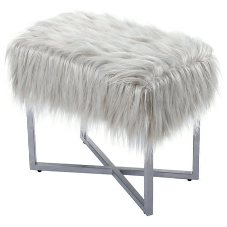 BirdRock Home Rectangular Grey Faux Fur Foot Stool Ottoman with Grey Legs