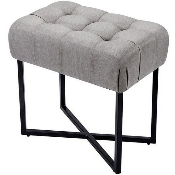 BirdRock Home Rectangular Tufted Grey Foot Stool Ottoman with Black Legs - Linen Vanity Chair - Soft Compact Padded Seat - Bedroom and Kids Room Chair - Metal - Makeup Seat