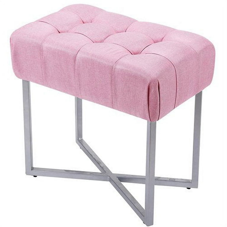 BirdRock Home Rectangular Tufted Pink Foot Stool Ottoman with Silver Legs -  Linen Vanity Chair - Soft Compact Padded Seat - Bedroom and Kids Room