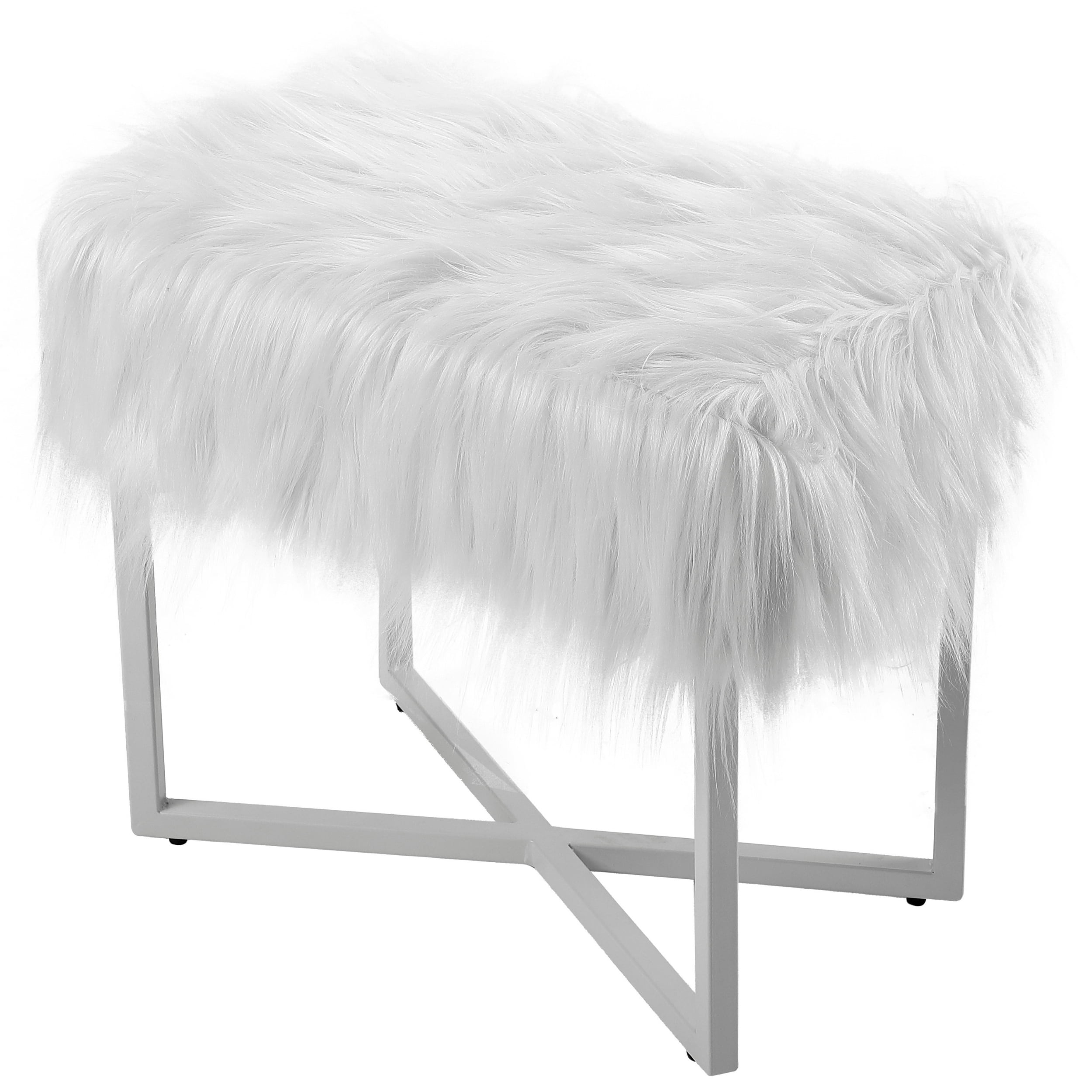 BirdRock Home Rectangular White Faux Fur Foot Stool Ottoman with Grey