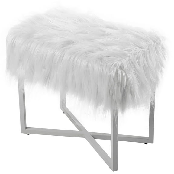 BirdRock Home Rectangular White Faux Fur Foot Stool Ottoman with Grey Legs