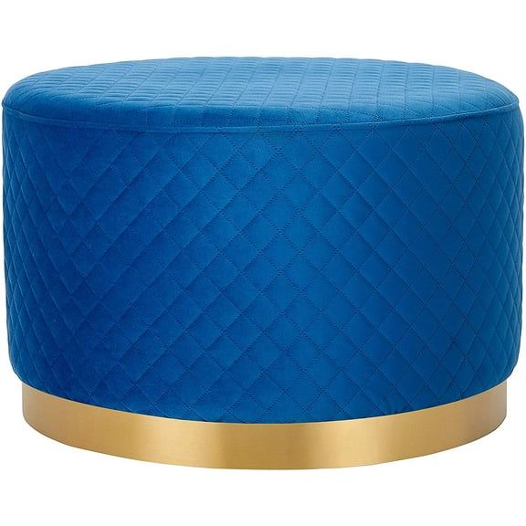 BirdRock Home Round Blue Velvet Ottoman Foot Stool with Lattice Design - Soft Large Padded Stool - Gold Trim - Coffee Table - Great for The Living Room or Bedroom - Decorative Furniture - Foot Rest