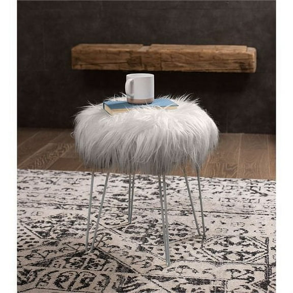 BirdRock Home Round Faux Fur Foot Stool Ottoman - Grey with Silver Legs - Soft Compact Padded Vanity Seat - Bedroom Kids Room Chair - Hair Pin Metal Legs - Fluffy Makeup Seat