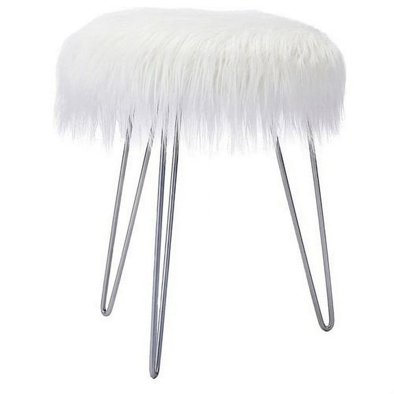 BirdRock Home Round Faux Fur Foot Stool Ottoman - White with Silver Legs - Soft Compact Padded Vanity Seat - Bedroom Kids Room Chair - Hair Pin Metal Legs - Fluffy Makeup Seat