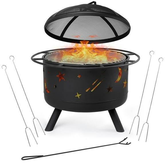 BirdRock Home Round Patio Fire Pit with Cover and Accessories - Stars & Moon Pattern - 30 Inch