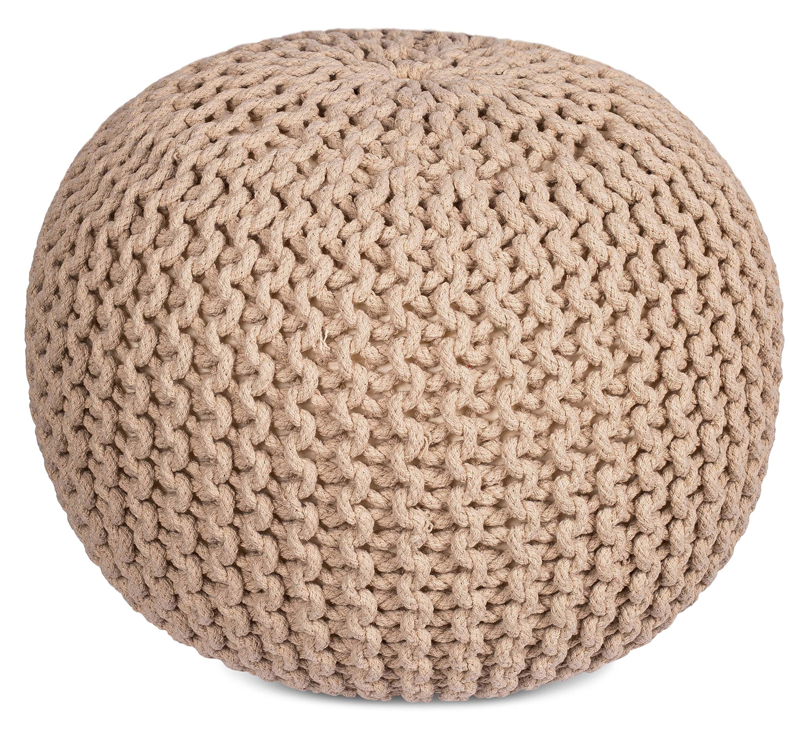 Natural Hand-Knitted Cotton Bean Bag Pouf - 19" Round