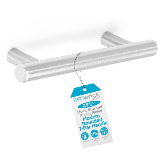 BirdRock Home Simple Modern Rounded T-Bar Handle - Brushed Nickle - 25 Pack