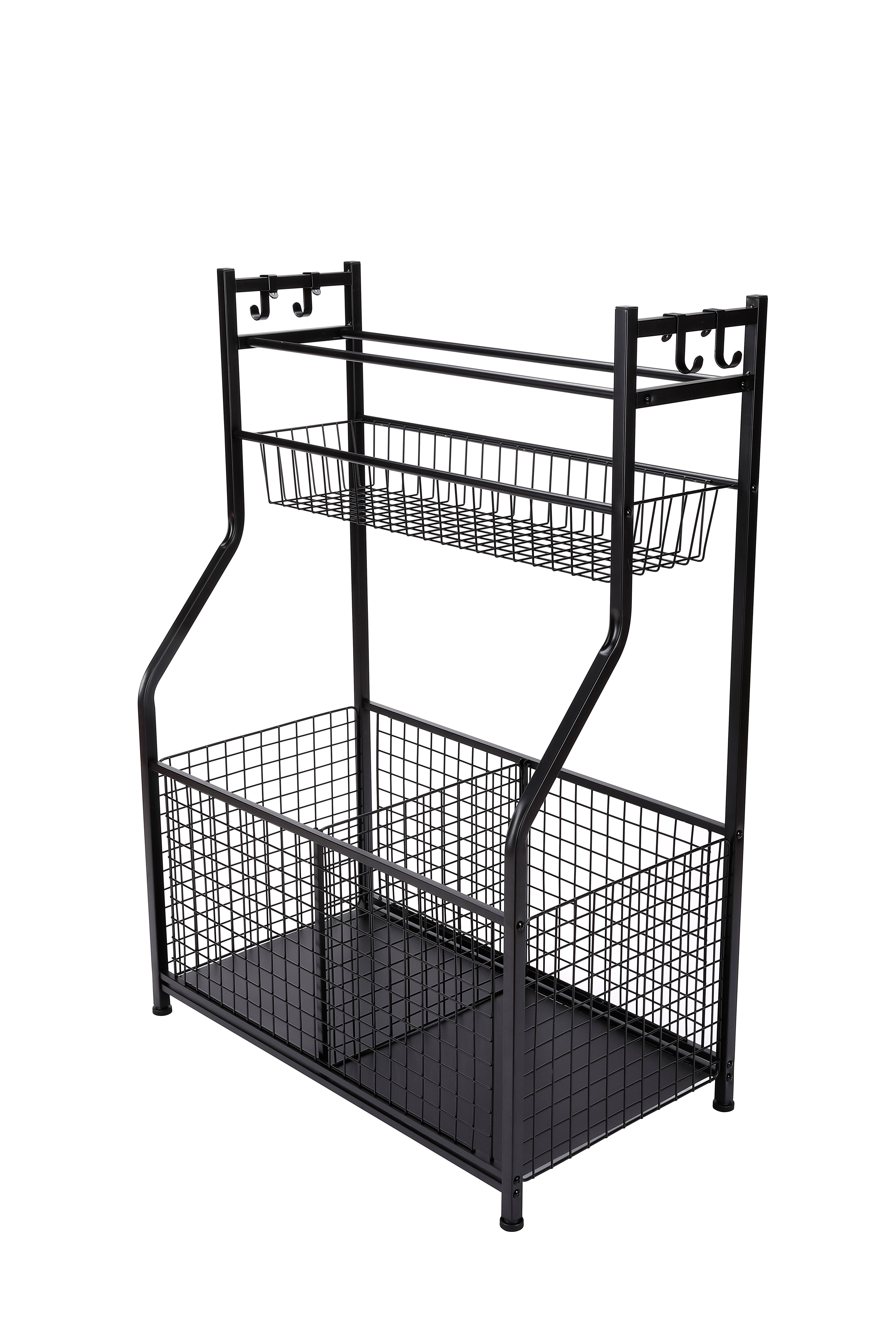 Black Steel Sports Equipment Storage Rack with Hooks and Baskets