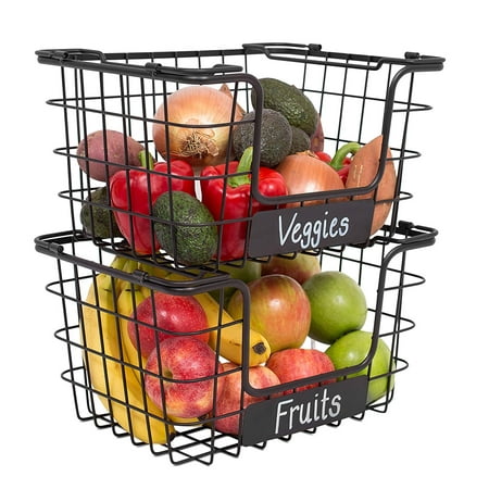 BirdRock Home Stacking Wire Market Baskets with Chalk Label - Set of 2 - Black